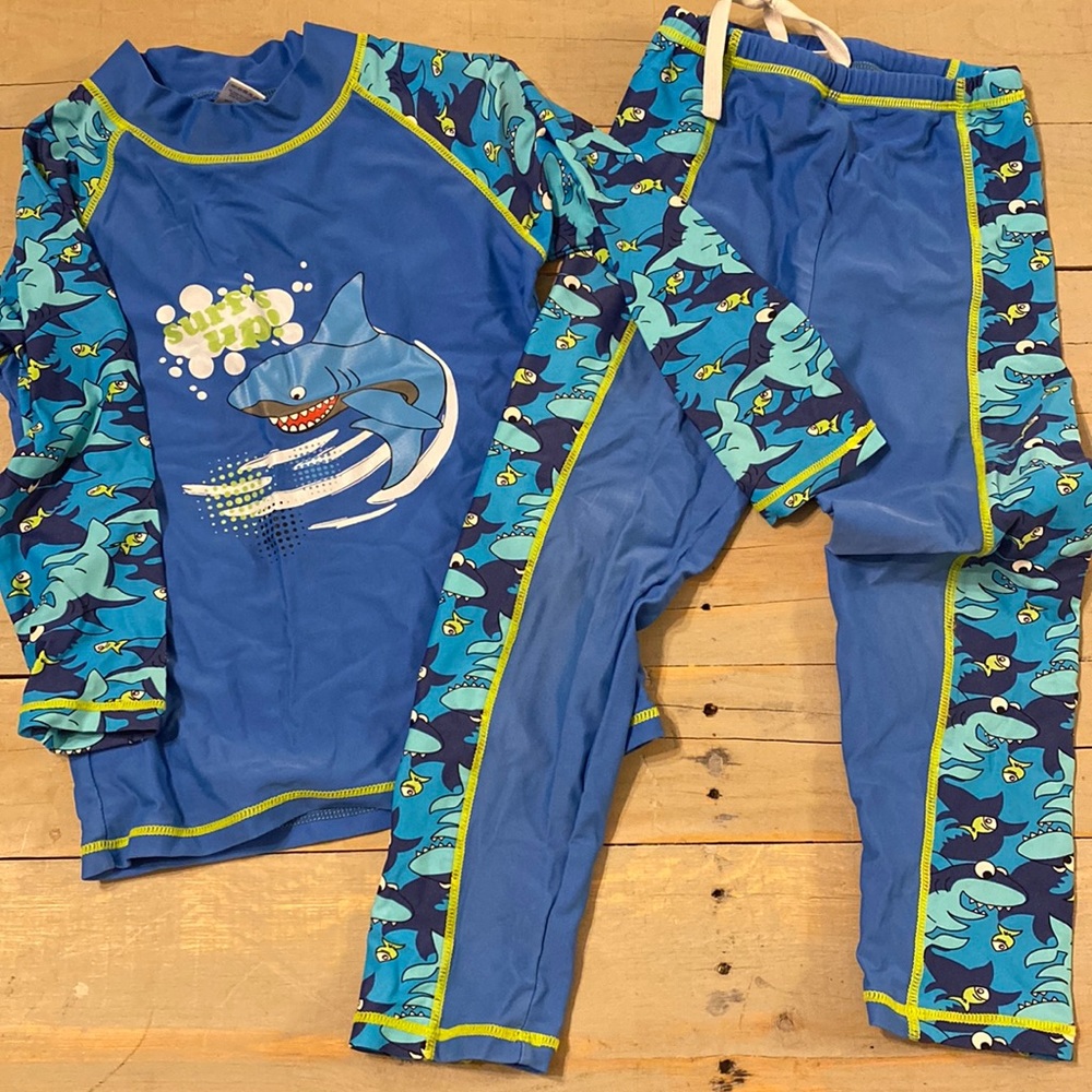 Boys, swim set, pants and top, long sleeve shirt, shark design, GUC, 5-6 size
